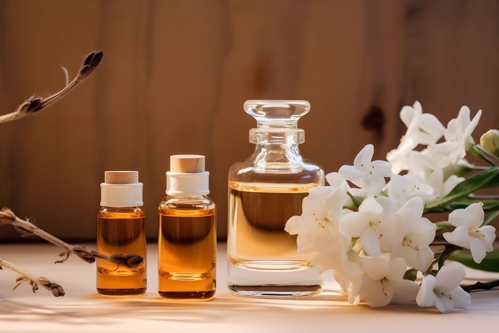 Three glass bottles of golden fragrance oil, alongside white flowers