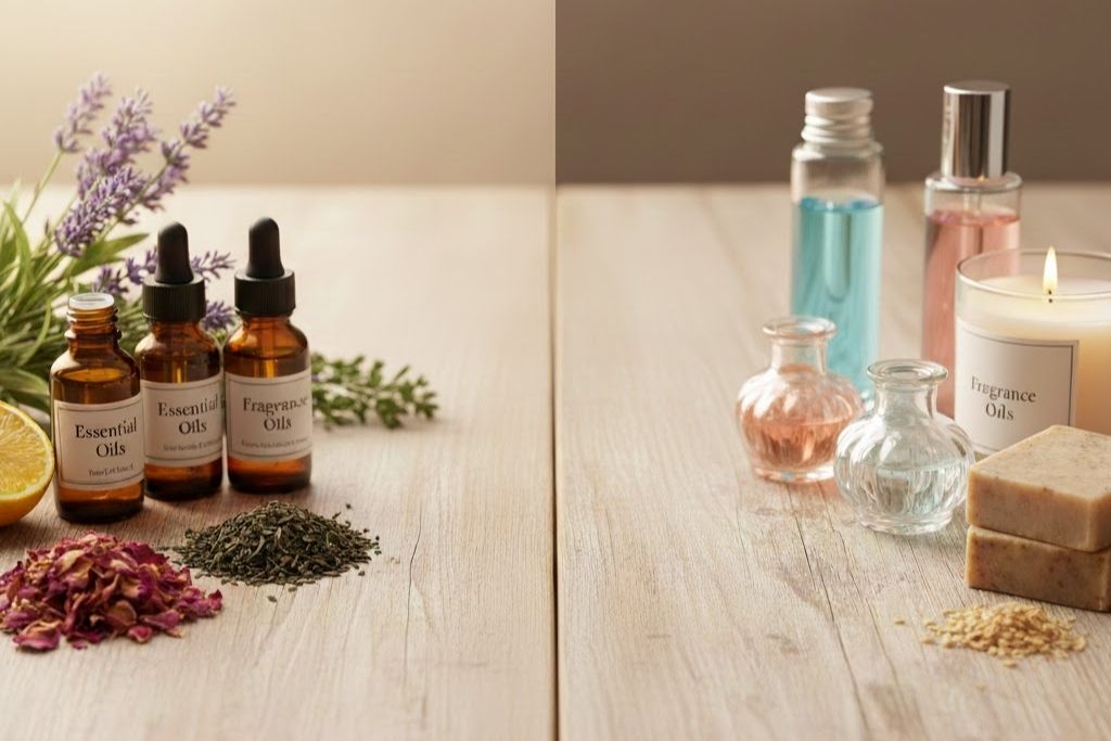 Contrast image of essential oils and botanicals on the left, and fragrance oils and scented products on the right.